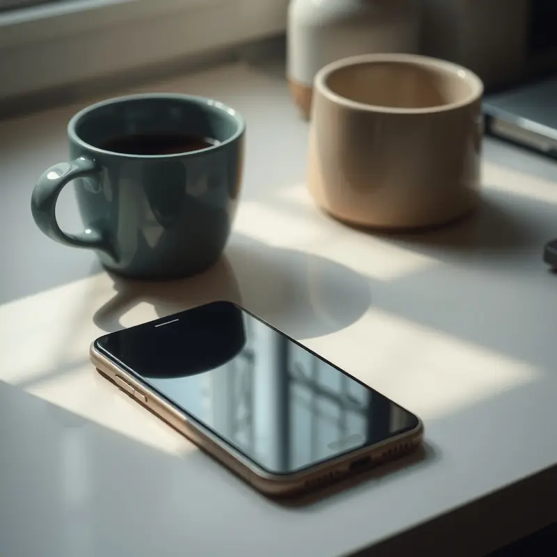 Phone beside a coffee cup