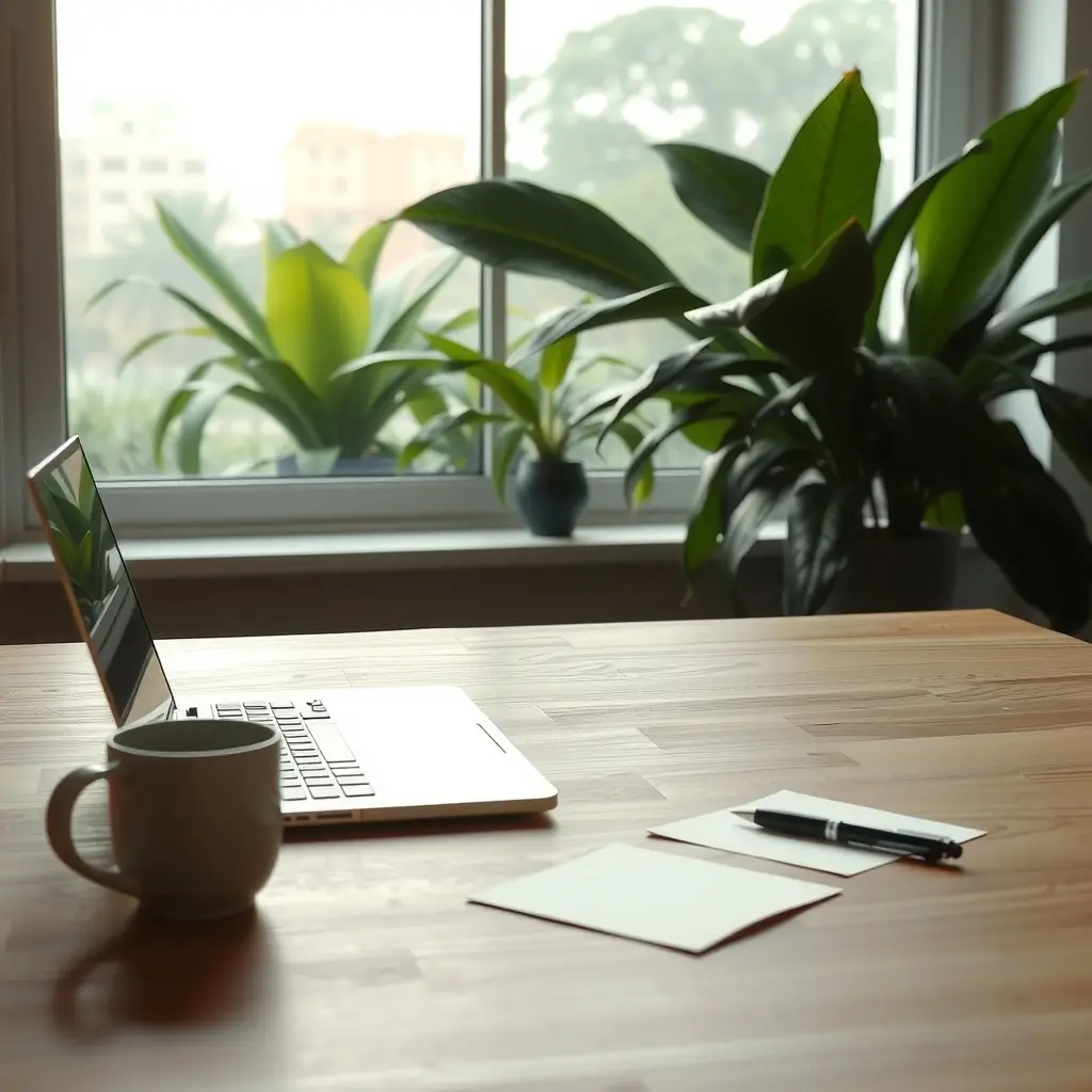 Laptop, coffee mug and notes on a wooden desk by a window with plants